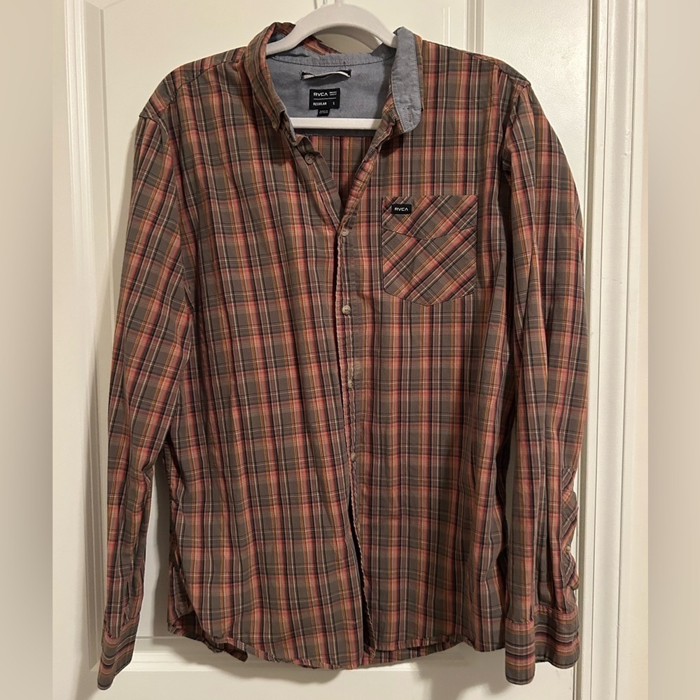 RVCA Y2K orange and grey button down flannel shirt